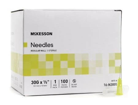 Needles, Regular Wall, 30G x 1/2", Sterile, 100/Box