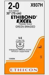 2-0 Ethibond Excel Coated Polyester Green Braided Sutures, 30" V-5, 36/Box