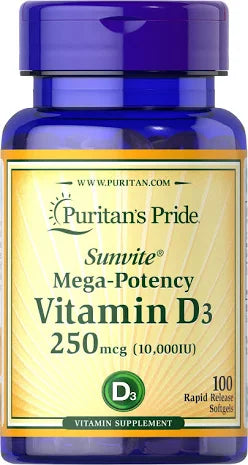 Vitamin D3 250 mcg (10,000 IU) Softgels, 200/Bottle