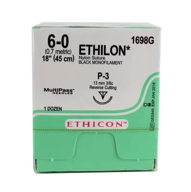 6-0 Ethilon Black Monofilament Non-Absorbable Suture, 18" P-3 Reverse Cutting, Expired/Discounted, 12/Box