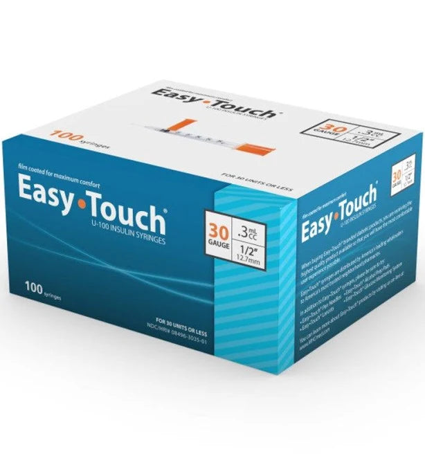 Easy Touch U-100 Insulin Syringes, 30 G x 1/2" x .3mL, Sterile, 100/Box