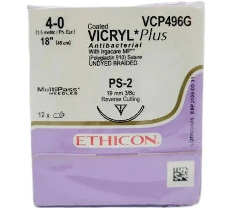 Coated Vicryl Plus Suture 4-0, 18" Undyed Braided, Rev. Cutting PS-2, 12/Box, Expired/Discounted 90%