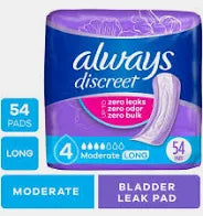 Always Discreet Moderate Long Pads, 54/Pack