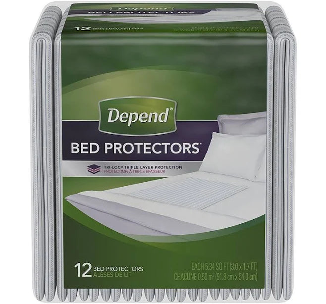 Depend Disposable Underpad Bed Protectors, Tri-Loc Triple Lock Protection, 3' x 1.7', 12/Pack