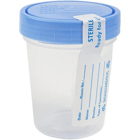 Specimen Collection Cup w/Screw Cap, 4oz, Sterile  Disposable, Includes Labels, 22/Box