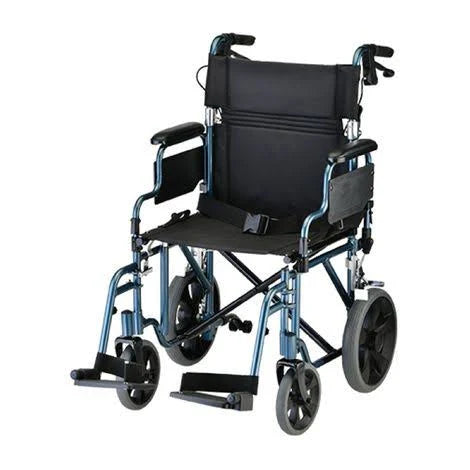 Transport Chair, 19" w/Hand Brakes & Flip Up Desk Arms, Blue, NEW, 1/Box