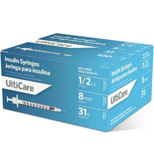 Ulticare Insulin Syringes, 1/2cc 8mm 31G, Sterile, 90/Box