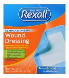 Rexall Wound Dressing, Ultra Absorbent, 4" x 4", Sterile, 5/Box