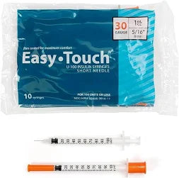 EasyTouch U-100 Insulin Syringes 30g 1cc 5/16" Blue, 100/Box