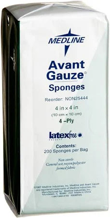 Gauze Non-Woven Sponges, 4" x 4", 3-Ply, 200/Pack