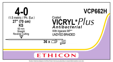 4-0 Vicryl Plus Antibacterial Undyed Braided Absorbable Suture, 27" KS Reverse Cutting, Expired/Discounted, 36/Box