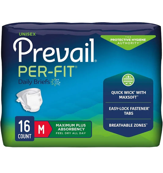 Prevail Per-Fit Disposable Daily Briefs, Maximum Absorbency, Medium, 16/Pack