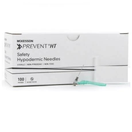 Prevent HT Safety Hypodermic Needle, 22G x 1", Sterile, 100/Box