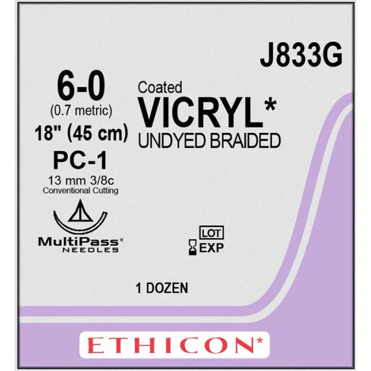 6-0 Coated Vicryl Undyed Braided Suture, 18" PS-3 Reverse Cutting, Expired/Discounted, 12/Box