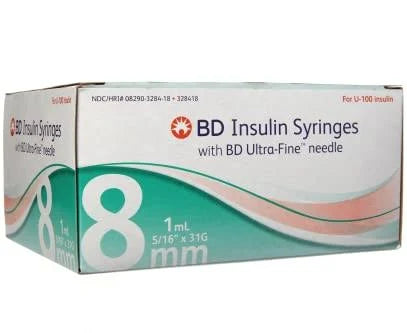 Insulin Syringe w/Ultra Fine Needle 1mL, 8mm 31G, Sterile, 100/Box