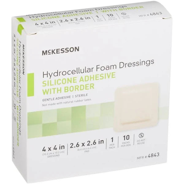 Hydrocellular Foam Dressing, Silicone Adhesive w/Border, 4" x 4" Dressing, 2.6" x 2.6" Pad, Sterile, 10/Box