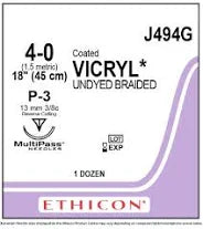 Coated Vicryl Suture 4-0, 18" Undyed Braided, Rev. Cutting P-3, 12/Box, Expired/Discounted 90%