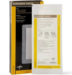 Bordered Gauze Adhesive Island Wound Dressing, 4" x 10", Sterile, 15/Box