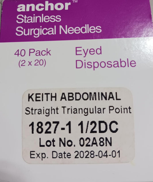 Stainless Steel Surgical Needles, Keith Abdominal, Straight Triangular Point, 1.5"DC, Eyed Disposable, Sterile, 40/Pack