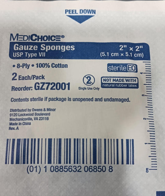 Gauze Sponges USP Type VII, 2" x 2", 8-Ply 100% Cotton, Sterile, 2/Pk 500 Packs/Case