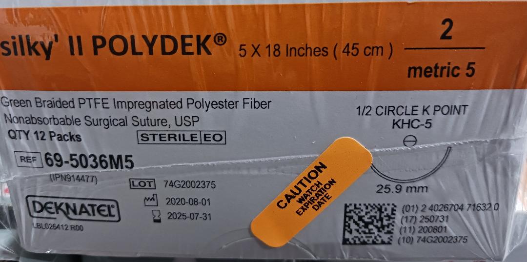 2 Silky II Polydek Green Braided PTFE Impregnated Polyester Fiber Nonabsorbable Suture, 25.9mm KHC-5, Expired/Discounted, 12/Box