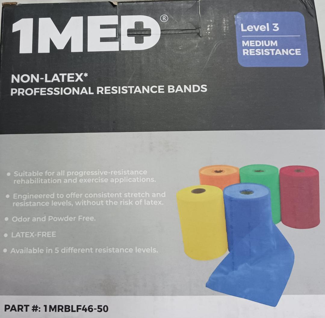Professional Resistance Bands, Blue Level 3 Medium Resistance, Non-Latex, 4" x 50yds, 1 Roll/Box