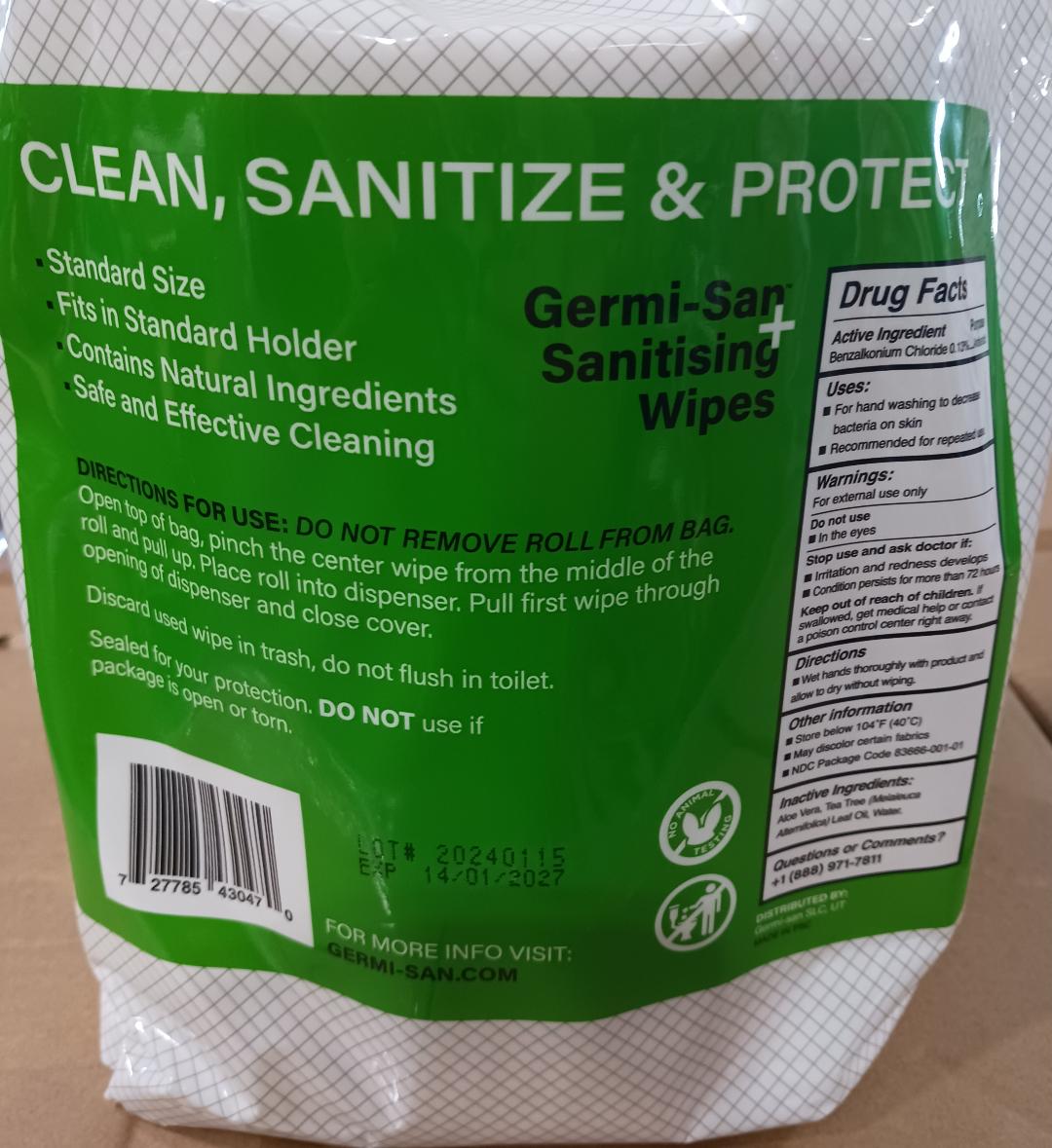 Germi-San Sanitising Wipes, Contains Aloe Vera & Tea Tree Oil, 6" x 8", 900/Pack 4 Packs/Case