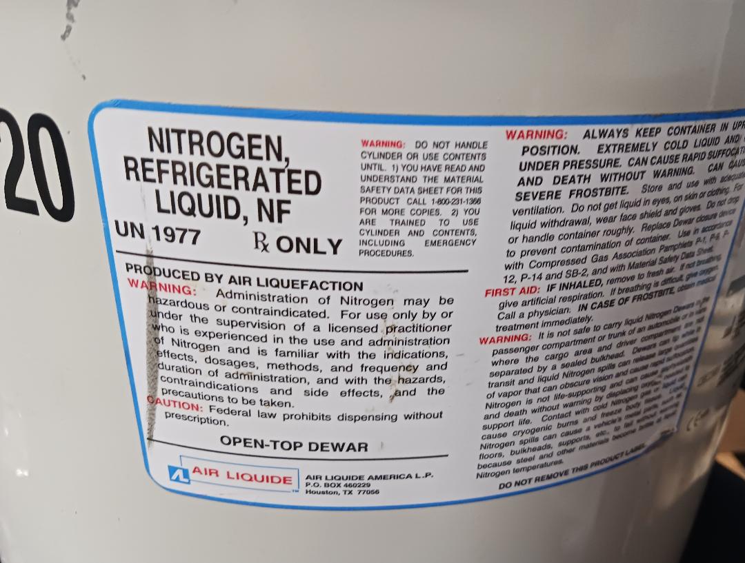 MVE Nitrogen Refrigerated Liquid 20 Liter Tank, NF, UN1977, Used/Empty
