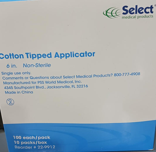 Cotton Tipped Applicator, 6" Non-Sterile, 100/Pack 10 Packs/Box