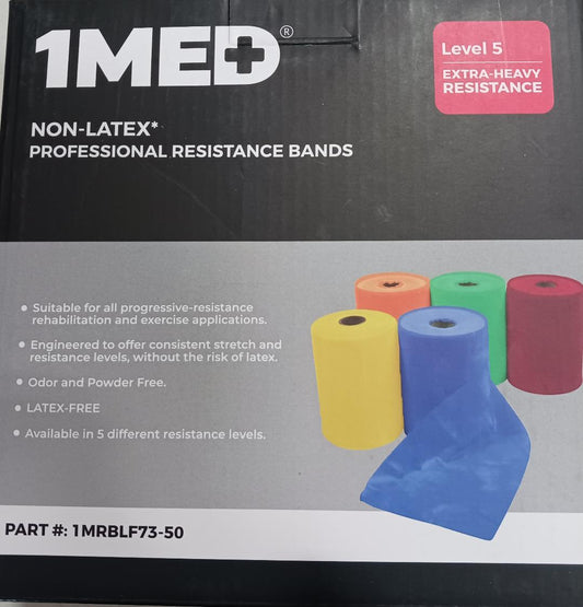 Professional Resistance Bands, Red Level 5 Extra-Heavy Resistance, 4" x 50yds, 1 Roll/Box