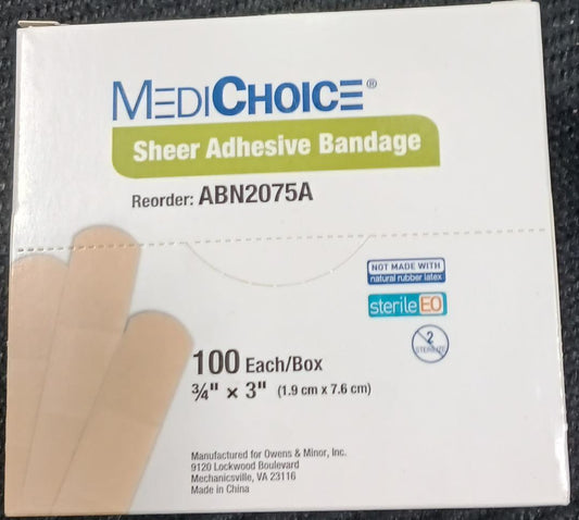 Sheer Adhesive Bandages, 3/4" x 3", 100/Box