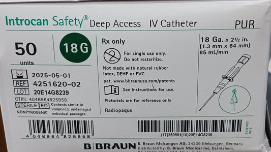 Introcan Safety Deep Access IV Catheter, 18G x 2 1/2", Sterile, 50/Box