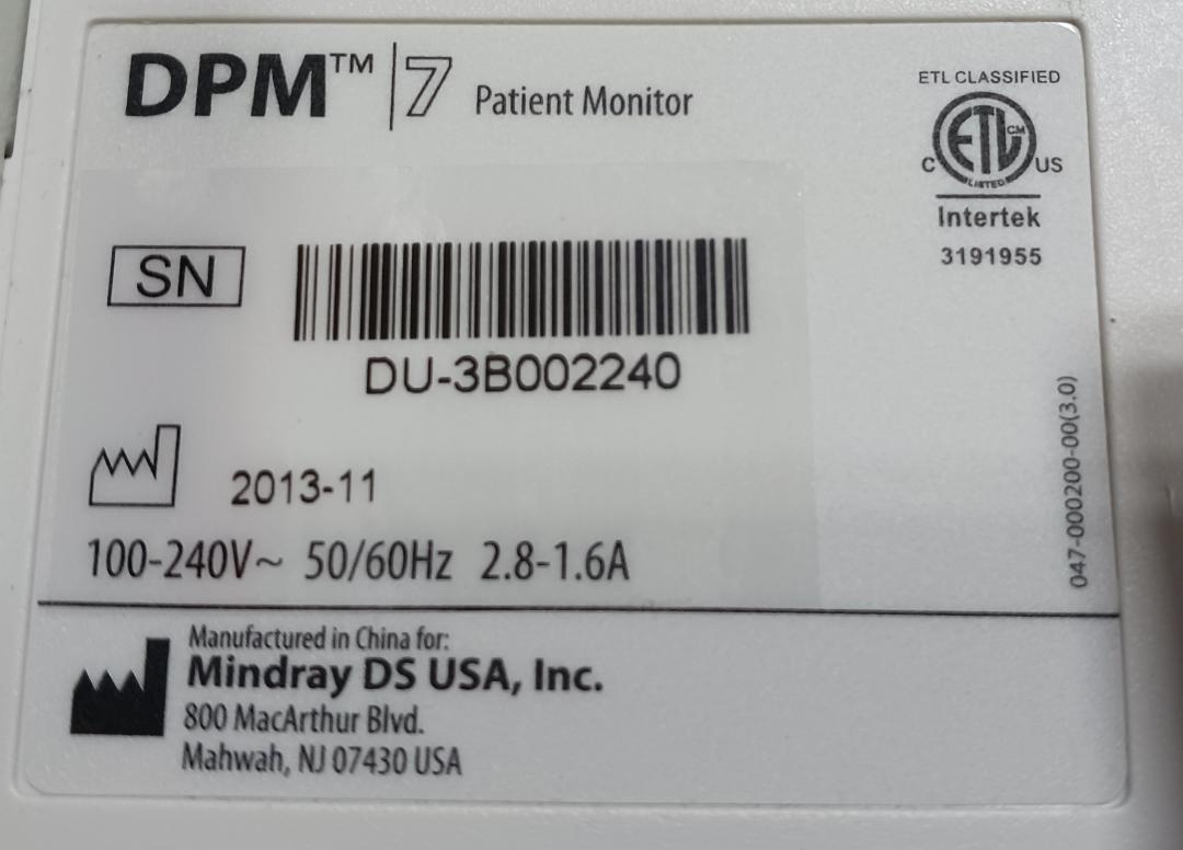 Mindray DPM7 Patient Monitor w/ MPM Insert - 1725906