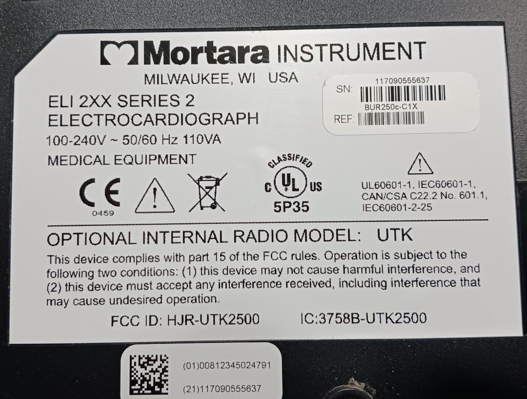 Mortara ELI 2XX Series 2 Electrocardiograph, Used/Tested - 1726644