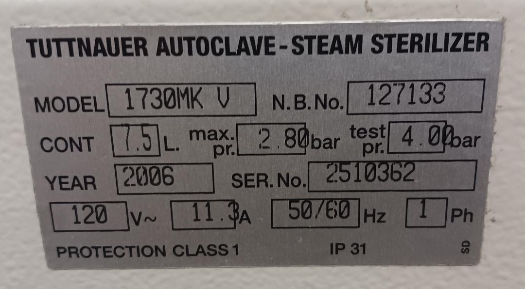 Tuttnauer Valueklave Autoclave-Steam Sterilizer, Used/Untested