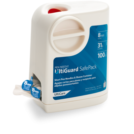 UltiGuard SafePack Short Pen Needles & Sharps Container, 8mm 31G, Sterile, 100/Box